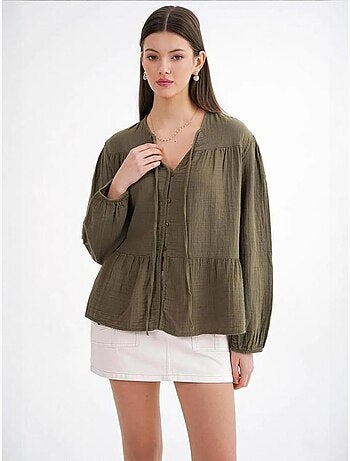 Camisa de cuello redondo con mangas tres cuartos y detalle de ribete de seersucker de mixray