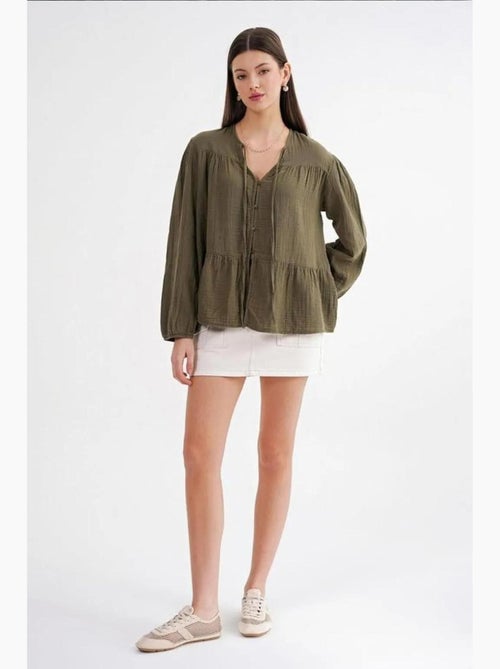 Camisa de cuello redondo con mangas tres cuartos y detalle de ribete de seersucker de mixray - Kiabi Camisa de cuello redondo con mangas tres cuartos y detalle de ribete de seersucker de mixray - Kiabi