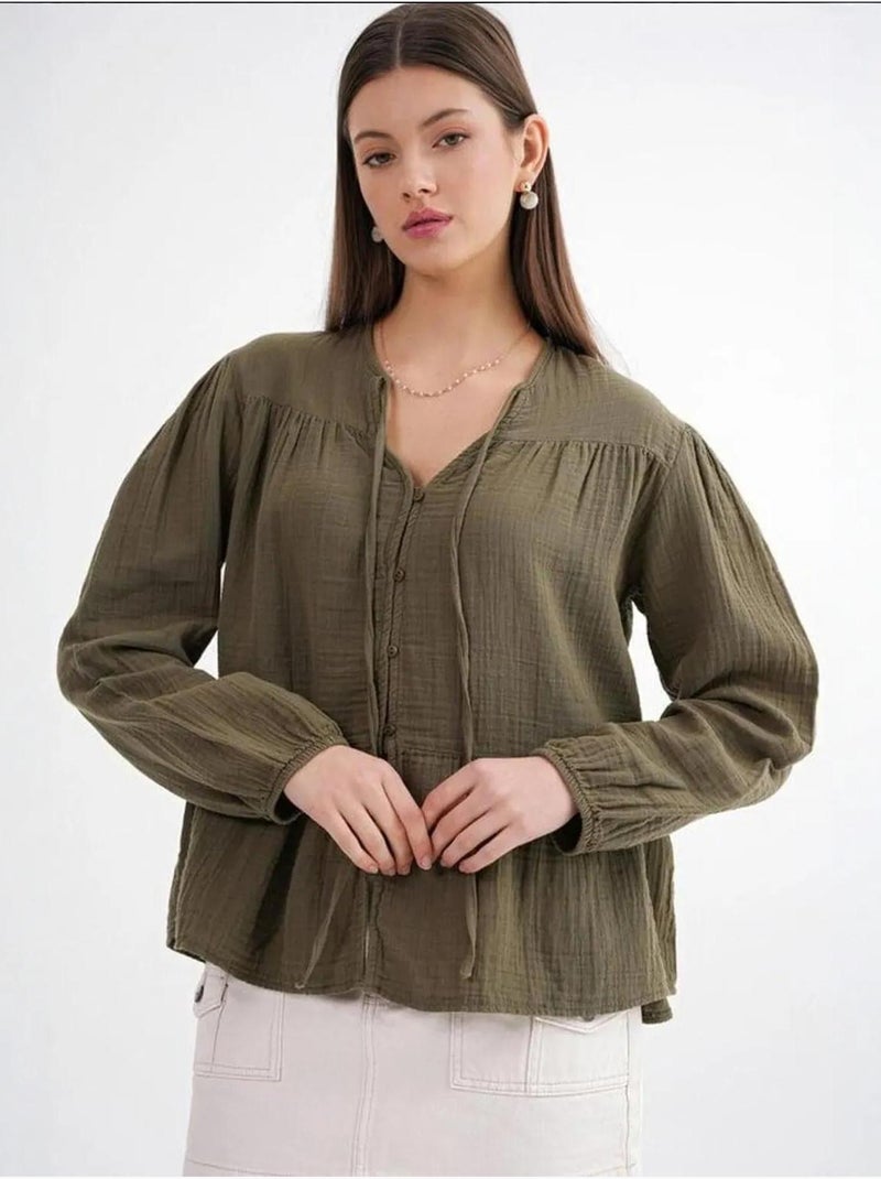 Camisa de cuello redondo con mangas tres cuartos y detalle de ribete de seersucker de mixray Caqui - Kiabi
