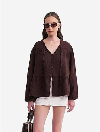 Camisa de cuello redondo con mangas tres cuartos y detalle de ribete de seersucker de mixray