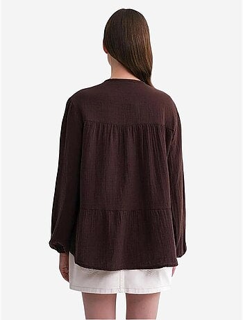 Camisa de cuello redondo con mangas tres cuartos y detalle de ribete de seersucker de mixray