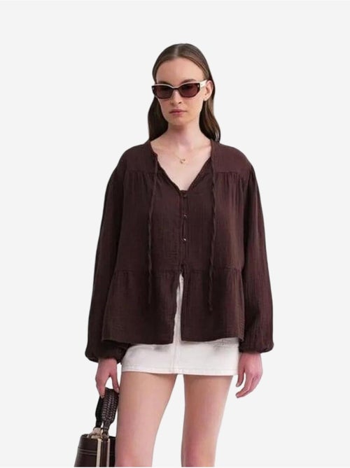 Camisa de cuello redondo con mangas tres cuartos y detalle de ribete de seersucker de mixray - Kiabi Camisa de cuello redondo con mangas tres cuartos y detalle de ribete de seersucker de mixray - Kiabi