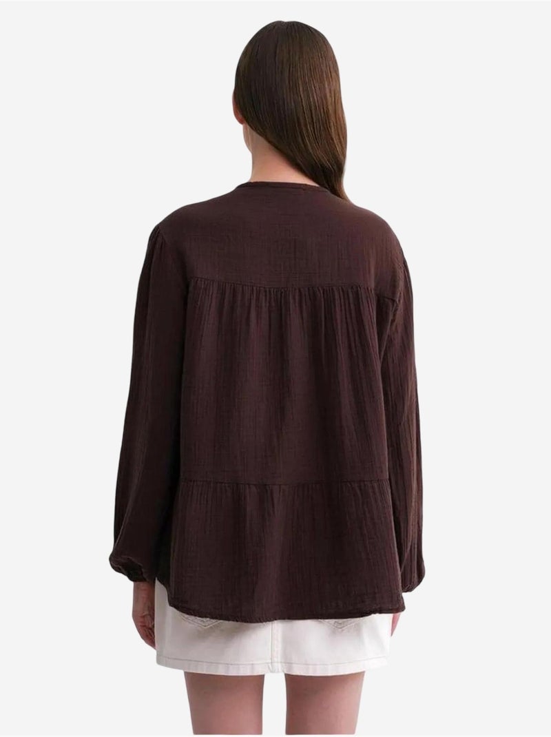 Camisa de cuello redondo con mangas tres cuartos y detalle de ribete de seersucker de mixray Marrón oscuro - Kiabi