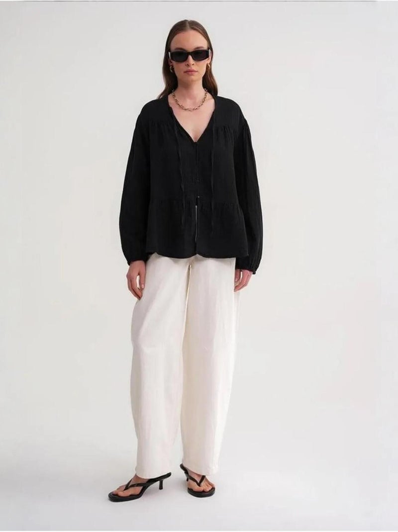 Camisa de cuello redondo con mangas tres cuartos y detalle de ribete de seersucker de mixray Negro - Kiabi