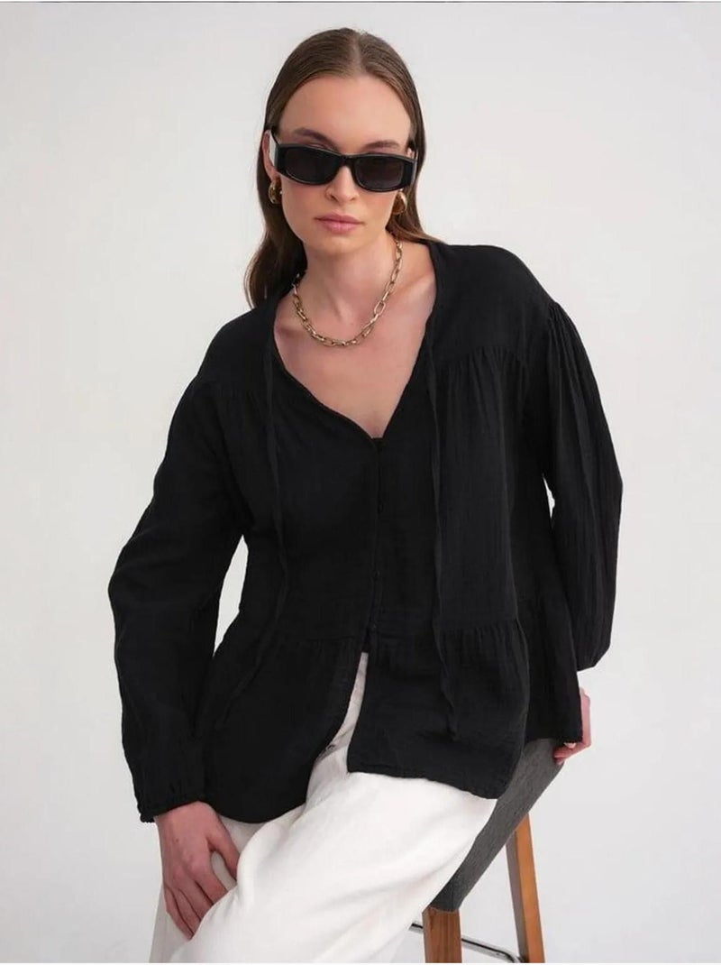 Camisa de cuello redondo con mangas tres cuartos y detalle de ribete de seersucker de mixray Negro - Kiabi