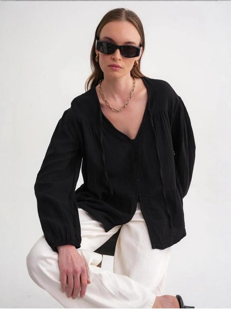 Camisa de cuello redondo con mangas tres cuartos y detalle de ribete de seersucker de mixray Negro - Kiabi