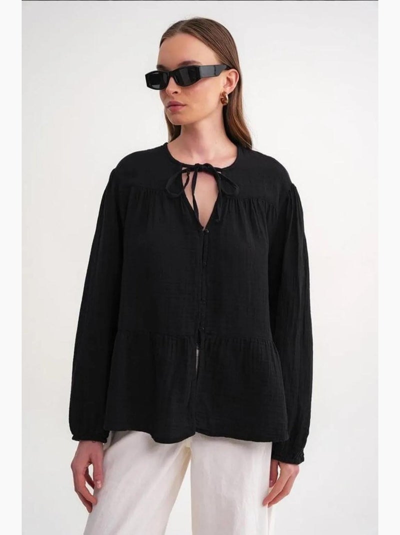 Camisa de cuello redondo con mangas tres cuartos y detalle de ribete de seersucker de mixray Negro - Kiabi