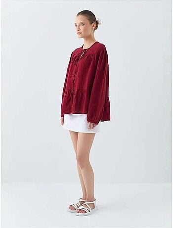 Camisa de cuello redondo con mangas tres cuartos y detalle de ribete de seersucker de mixray