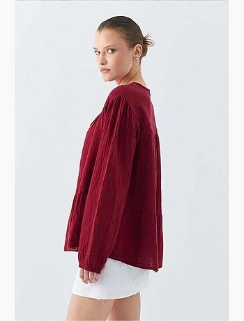Camisa de cuello redondo con mangas tres cuartos y detalle de ribete de seersucker de mixray