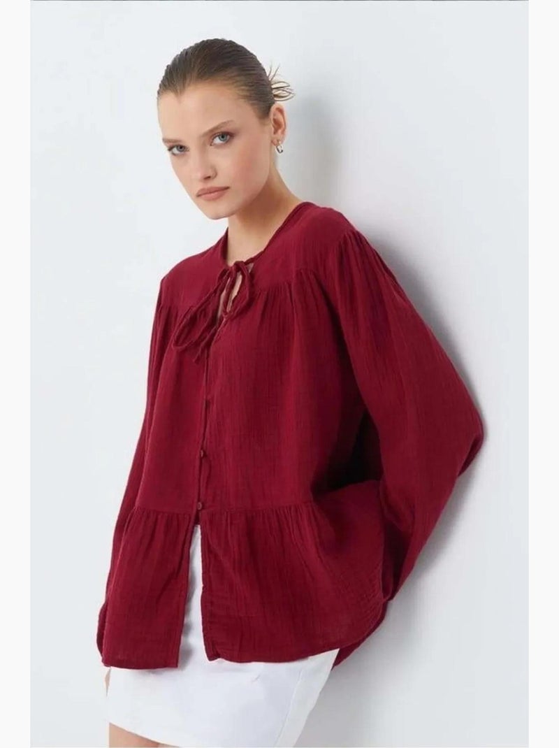 Camisa de cuello redondo con mangas tres cuartos y detalle de ribete de seersucker de mixray Rojo burdeos - Kiabi