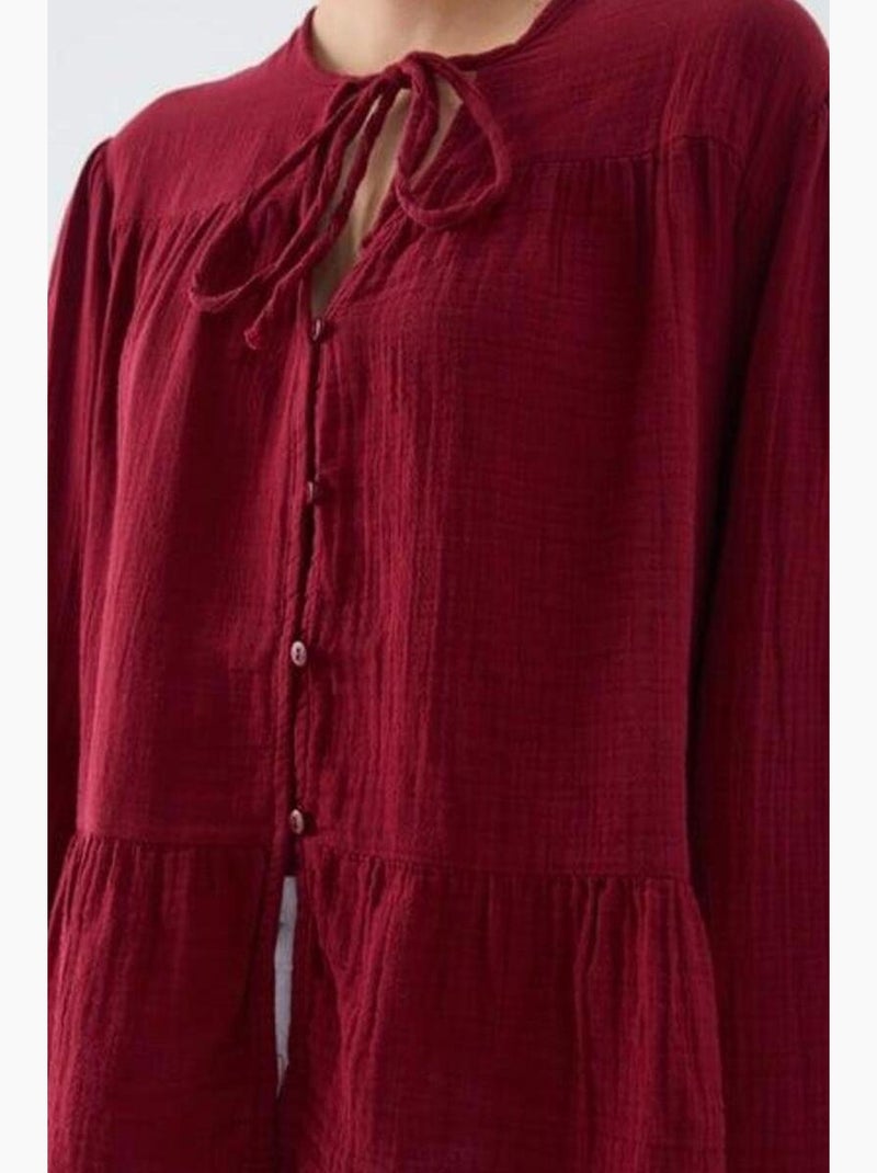 Camisa de cuello redondo con mangas tres cuartos y detalle de ribete de seersucker de mixray Rojo burdeos - Kiabi