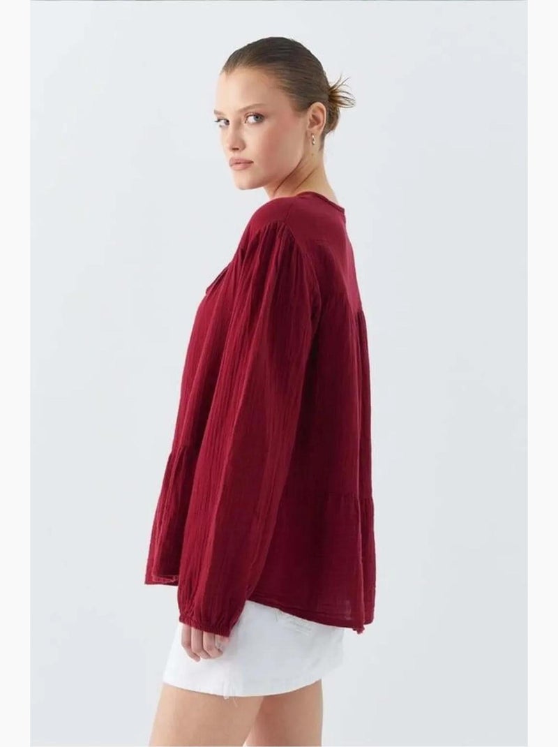 Camisa de cuello redondo con mangas tres cuartos y detalle de ribete de seersucker de mixray Rojo burdeos - Kiabi