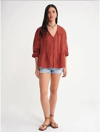 Camisa de cuello redondo con mangas tres cuartos y detalle de ribete de seersucker de mixray