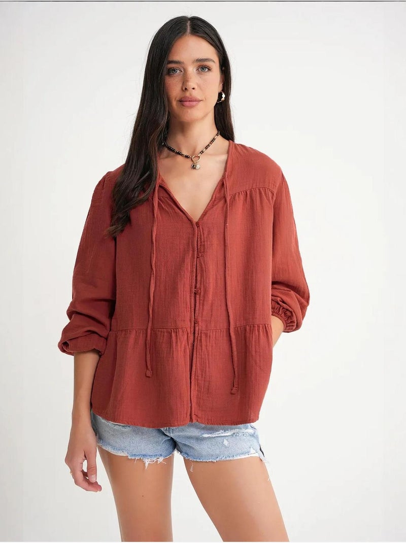 Camisa de cuello redondo con mangas tres cuartos y detalle de ribete de seersucker de mixray Rojo oscuro - Kiabi