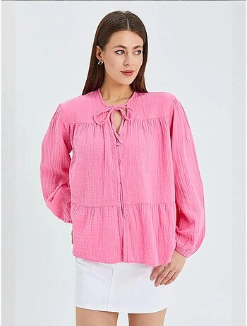 Camisa de cuello redondo con mangas tres cuartos y detalle de ribete de seersucker de mixray
