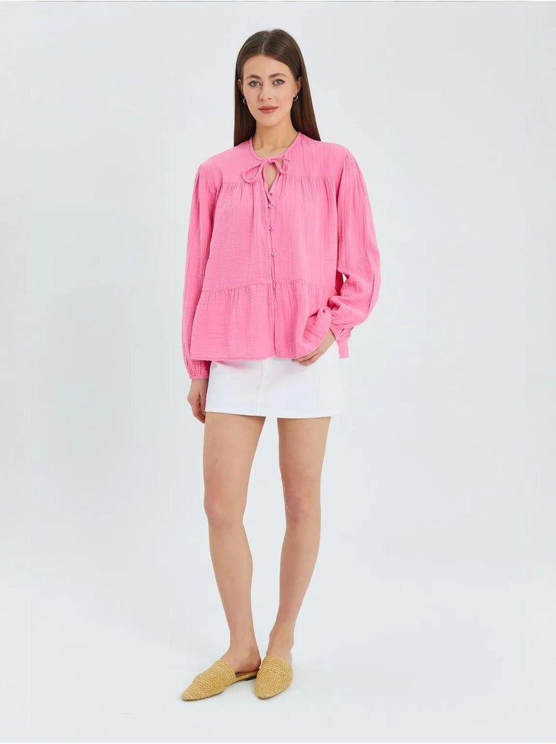 Camisa de cuello redondo con mangas tres cuartos y detalle de ribete de seersucker de mixray Rosa fluo/Solinotes - Kiabi