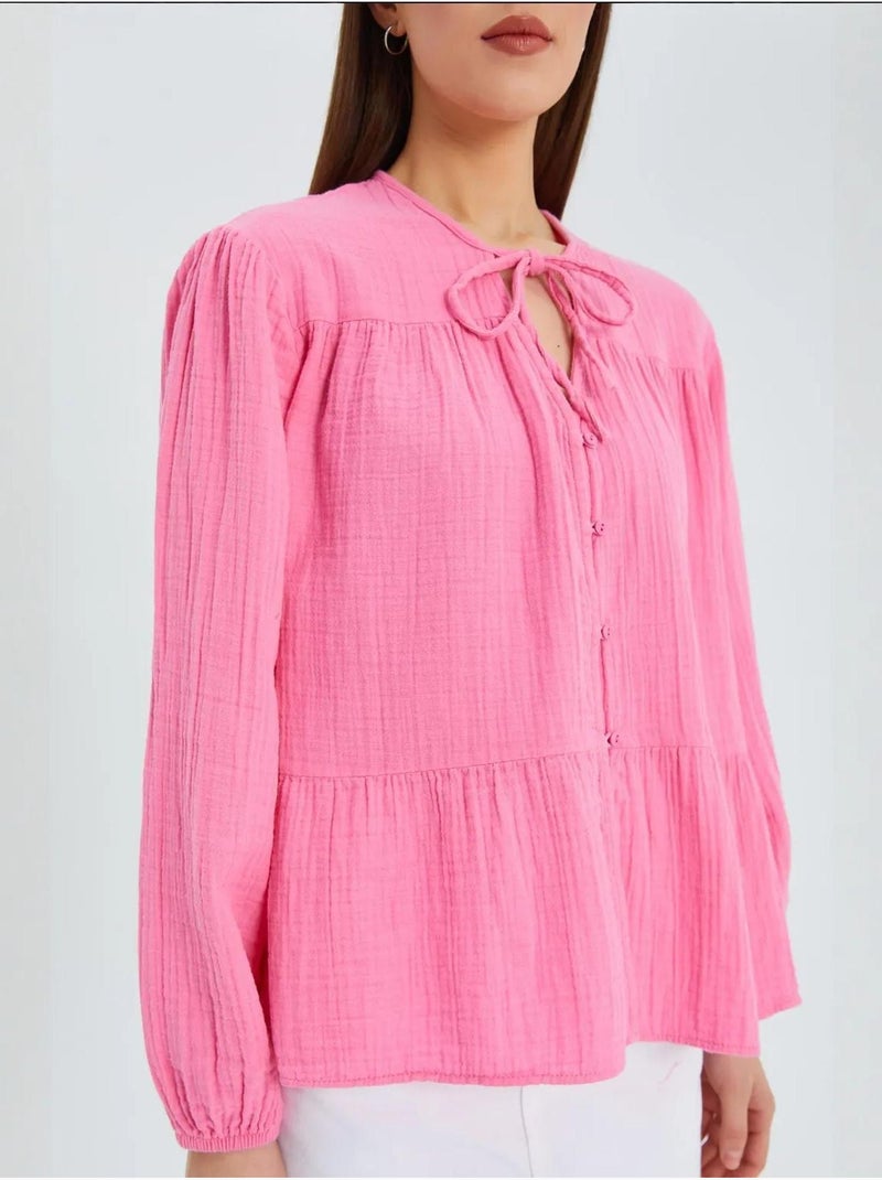 Camisa de cuello redondo con mangas tres cuartos y detalle de ribete de seersucker de mixray Rosa fluo/Solinotes - Kiabi