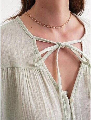 Camisa de cuello redondo con mangas tres cuartos y detalle de ribete de seersucker de mixray