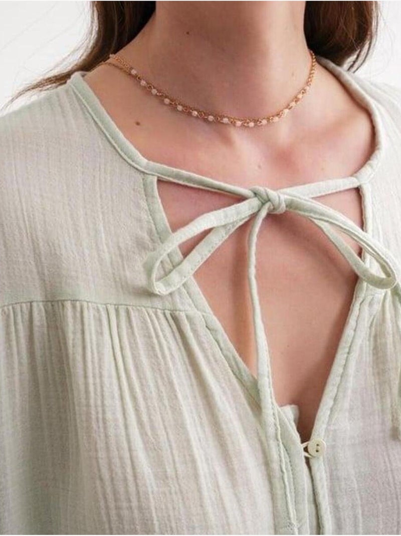 Camisa de cuello redondo con mangas tres cuartos y detalle de ribete de seersucker de mixray Verde menta - Kiabi