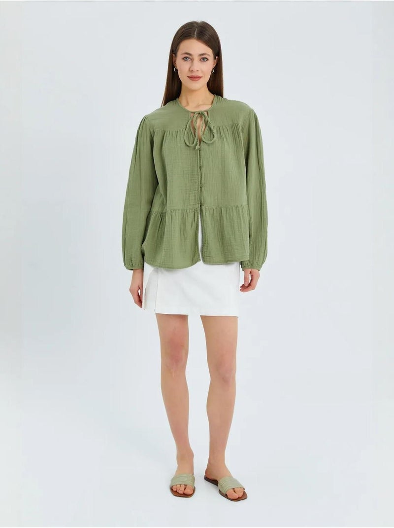 Camisa de cuello redondo con mangas tres cuartos y detalle de ribete de seersucker de mixray Verde pastel - Kiabi