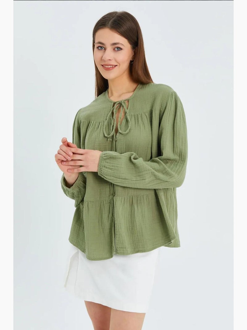 Camisa de cuello redondo con mangas tres cuartos y detalle de ribete de seersucker de mixray Verde pastel - Kiabi