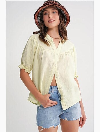 Camisa de cuello tippet con botones en mezcla de lino mixray