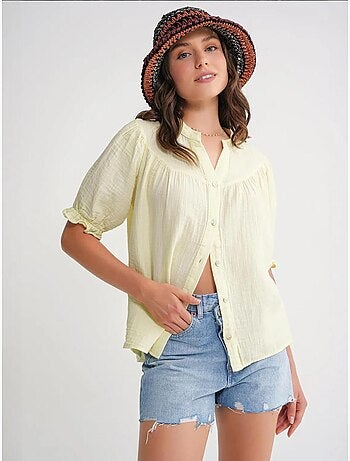 Camisa de cuello tippet con botones en mezcla de lino mixray
