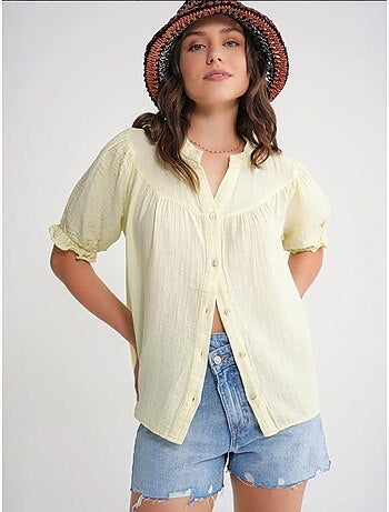 Camisa de cuello tippet con botones en mezcla de lino mixray