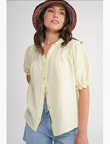 Camisa de cuello tippet con botones en mezcla de lino mixray