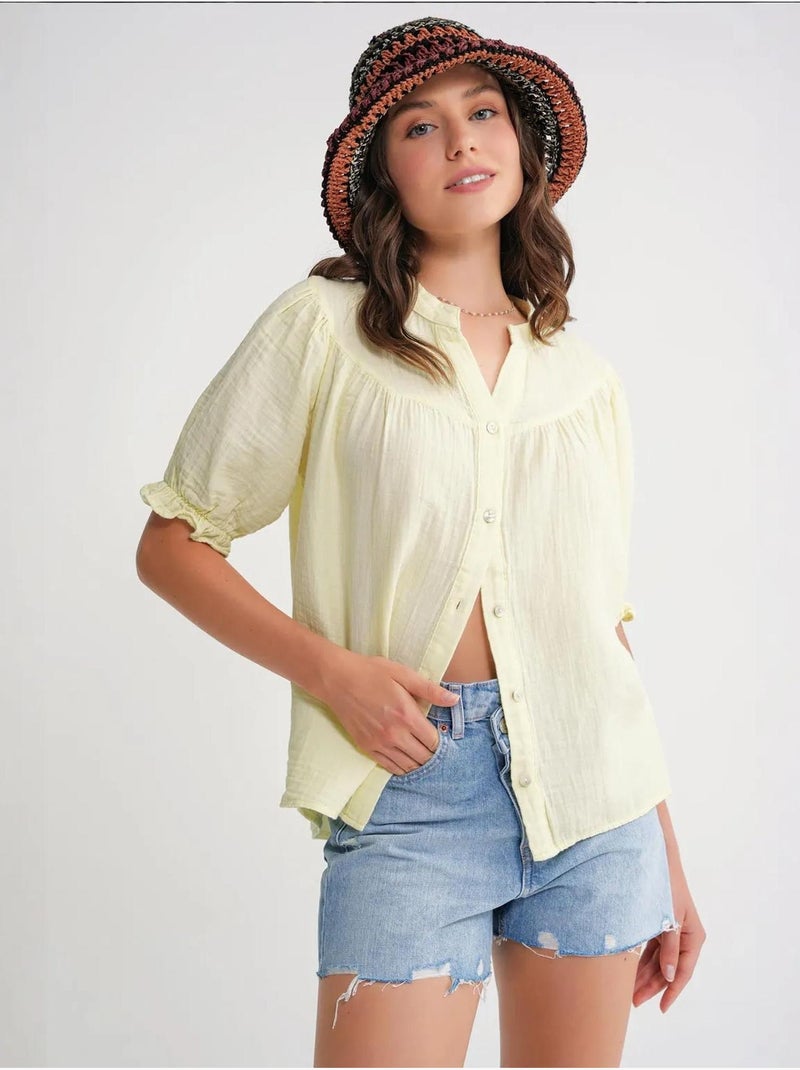 Camisa de cuello tippet con botones en mezcla de lino mixray Amarillo - Kiabi