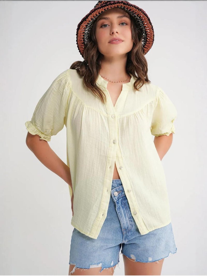 Camisa de cuello tippet con botones en mezcla de lino mixray Amarillo - Kiabi