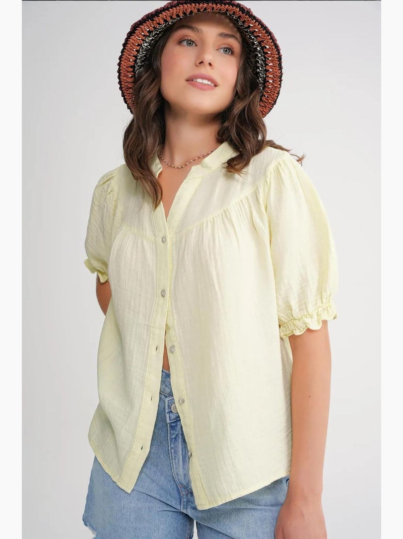Camisa de cuello tippet con botones en mezcla de lino mixray Amarillo - Kiabi