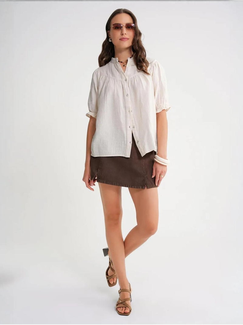 Camisa de cuello tippet con botones en mezcla de lino mixray Beige - Kiabi