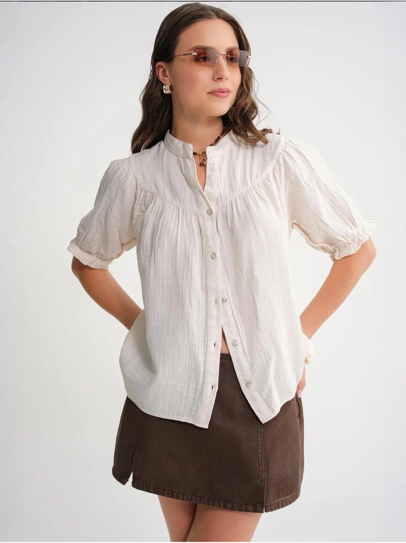 Camisa de cuello tippet con botones en mezcla de lino mixray Beige - Kiabi