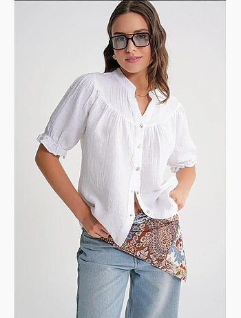 Camisa de cuello tippet con botones en mezcla de lino mixray