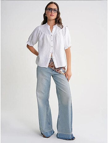 Camisa de cuello tippet con botones en mezcla de lino mixray