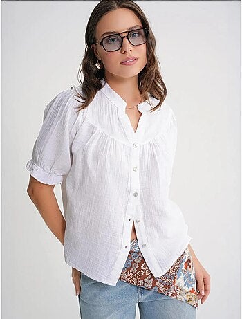 Camisa de cuello tippet con botones en mezcla de lino mixray