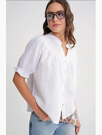Camisa de cuello tippet con botones en mezcla de lino mixray