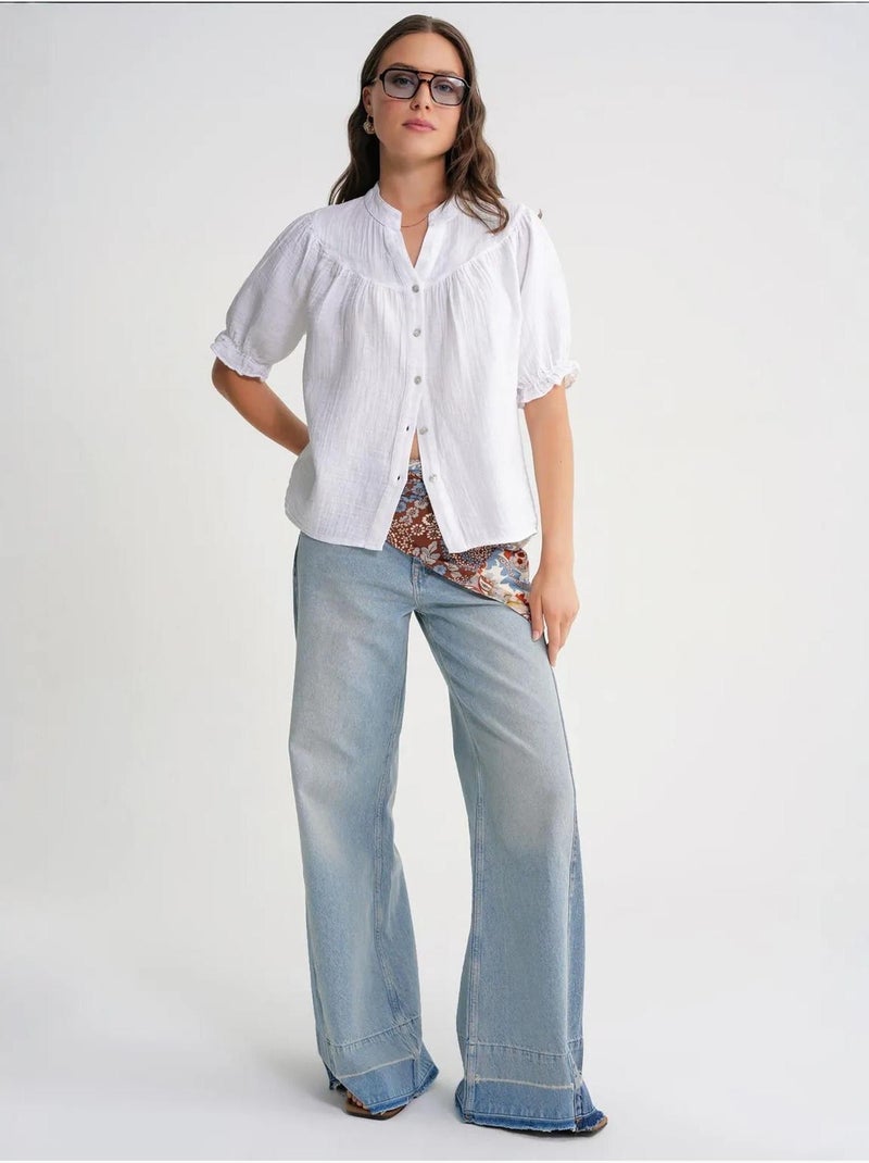 Camisa de cuello tippet con botones en mezcla de lino mixray Blanco - Kiabi