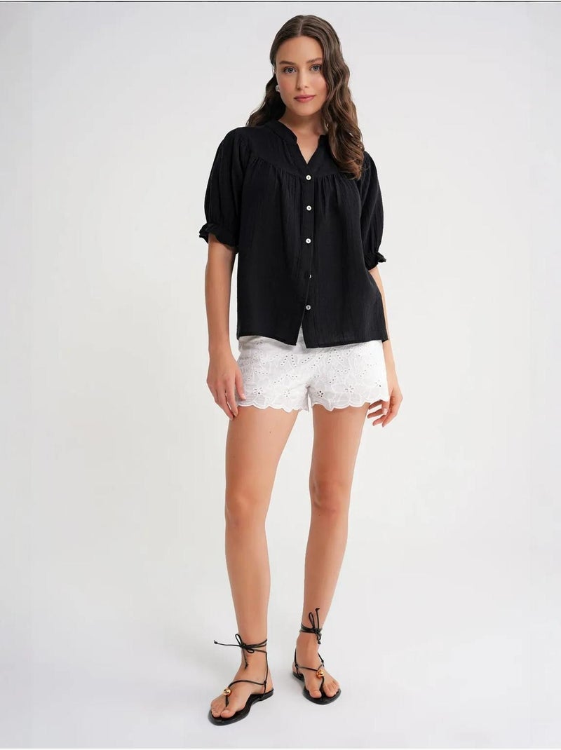Camisa de cuello tippet con botones en mezcla de lino mixray Negro - Kiabi