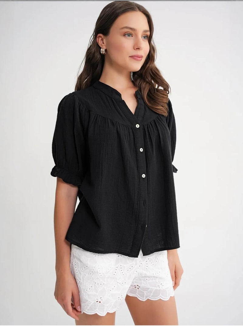 Camisa de cuello tippet con botones en mezcla de lino mixray Negro - Kiabi