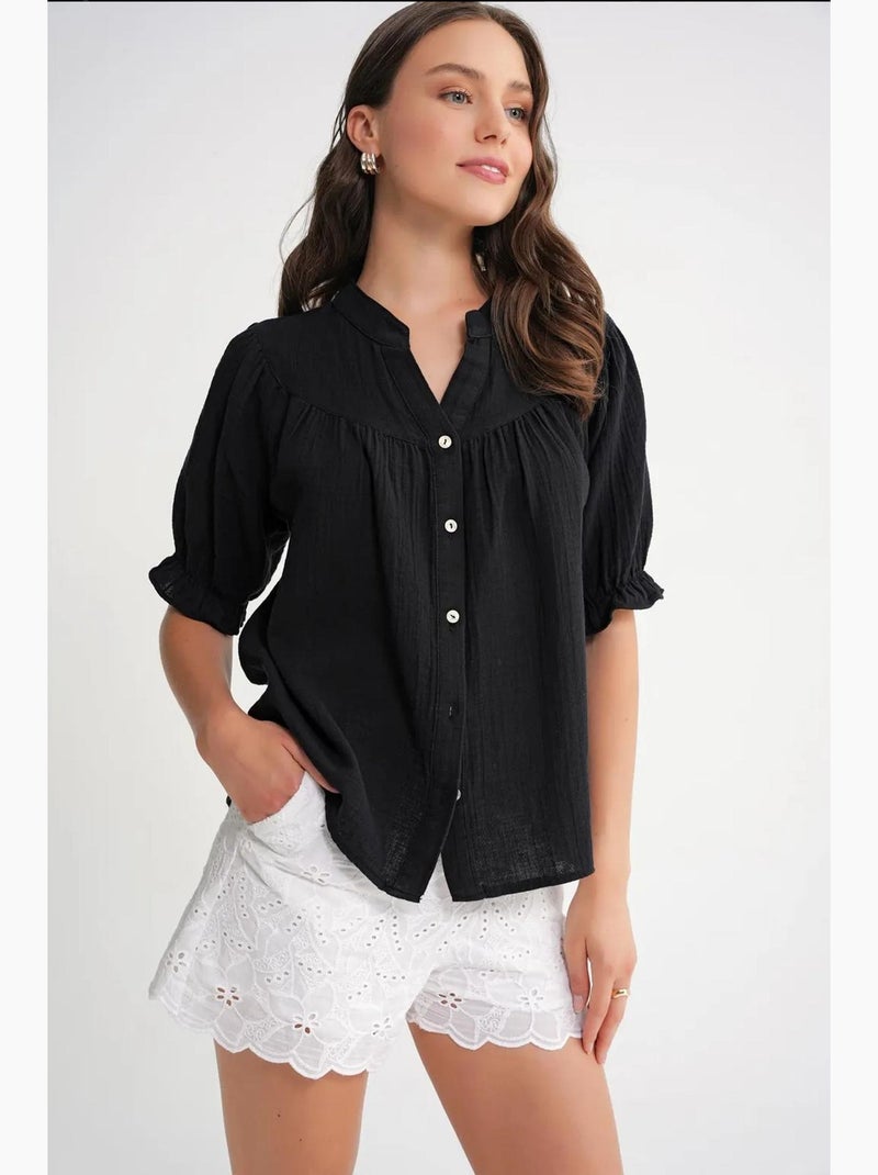 Camisa de cuello tippet con botones en mezcla de lino mixray Negro - Kiabi