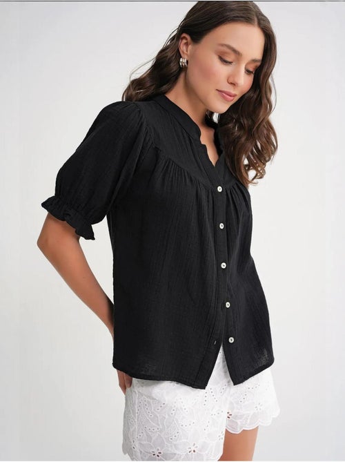 Camisa de cuello tippet con botones en mezcla de lino mixray - Kiabi Camisa de cuello tippet con botones en mezcla de lino mixray - Kiabi