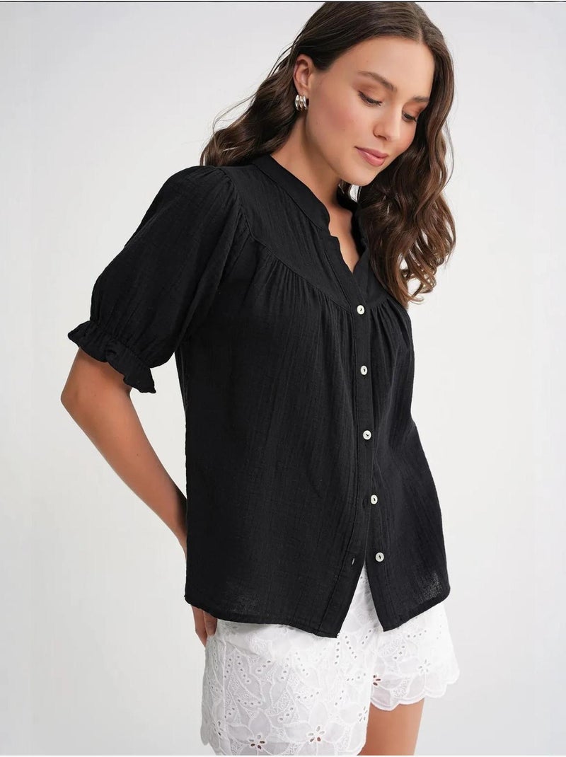 Camisa de cuello tippet con botones en mezcla de lino mixray Negro - Kiabi