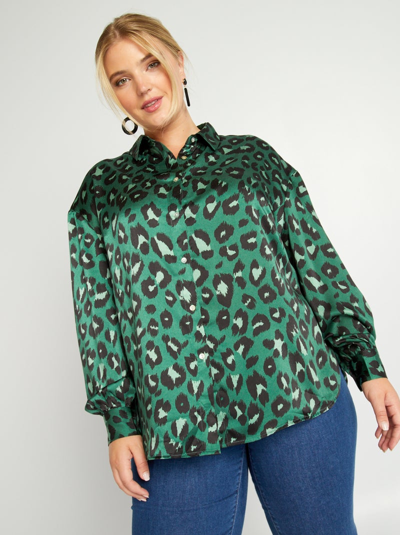 Camisa de efecto satinado cuello italiano VERDE - Kiabi