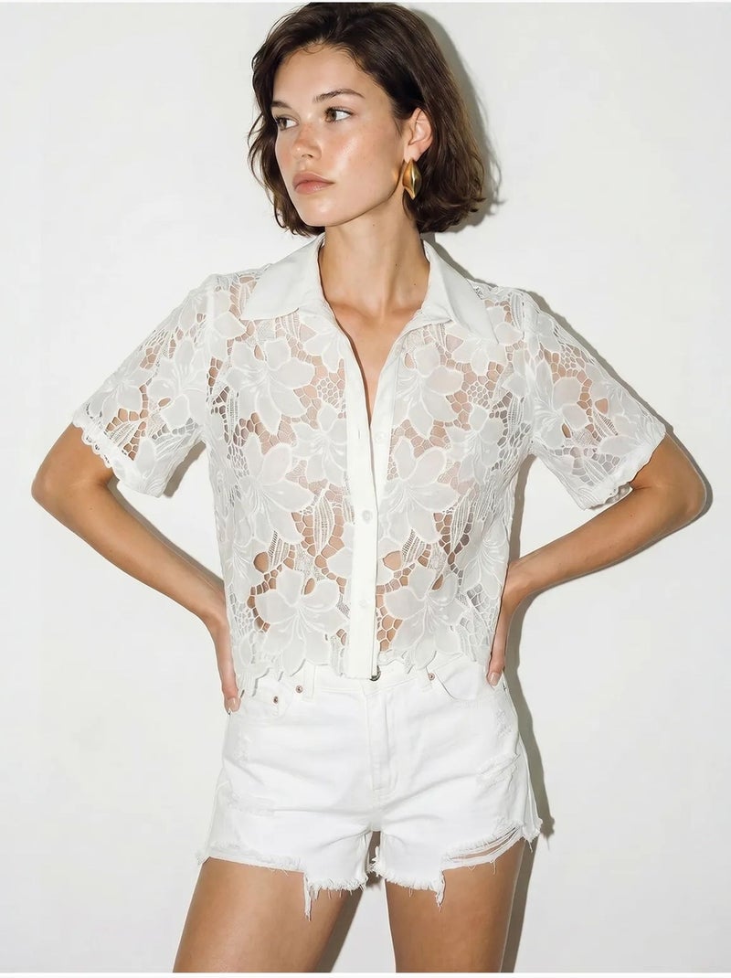Camisa de encaje floral con botones en la parte delantera lucci Blanco - Kiabi
