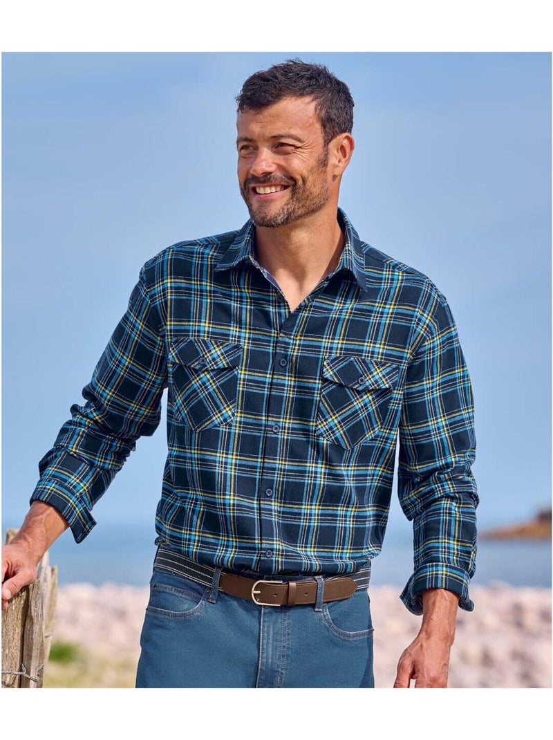 Camisa de franela a cuadros con cuello de puntas libres y bolsillos de pecho Azul marino - Kiabi