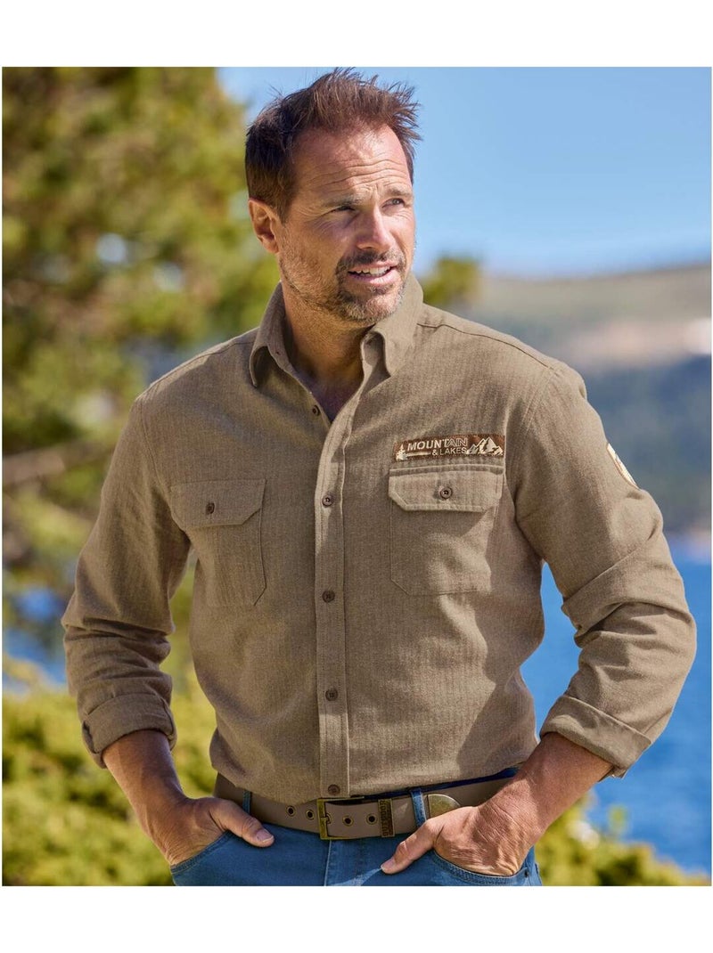 Camisa de franela con tejido de espiga y cuello de puntas libres Marrón - Kiabi