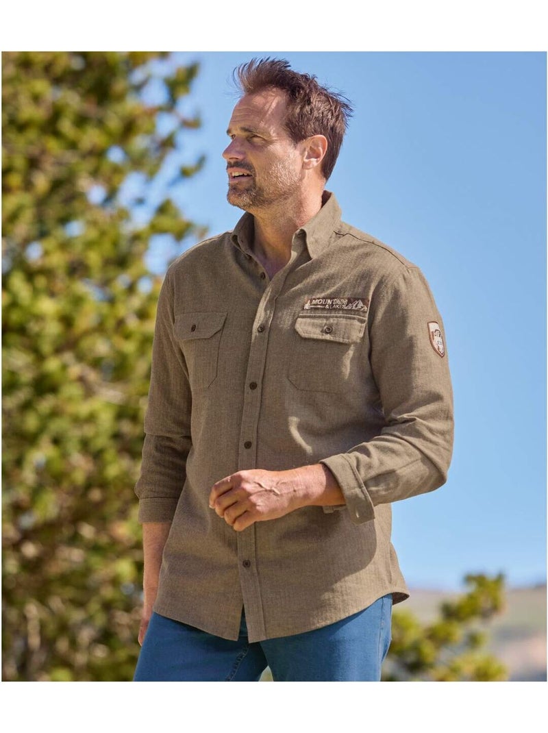 Camisa de franela con tejido de espiga y cuello de puntas libres Marrón - Kiabi