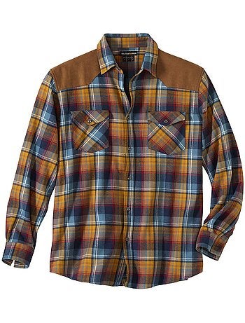 Camisa de franela de cuadros con refuerzos de tejido efecto ante